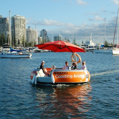 Round boat on Mariners Cove Marina